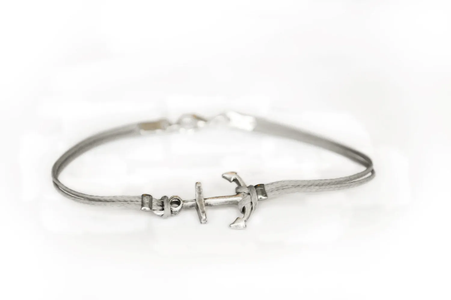 Silver anchor bracelet for men, gray cord, gift for him