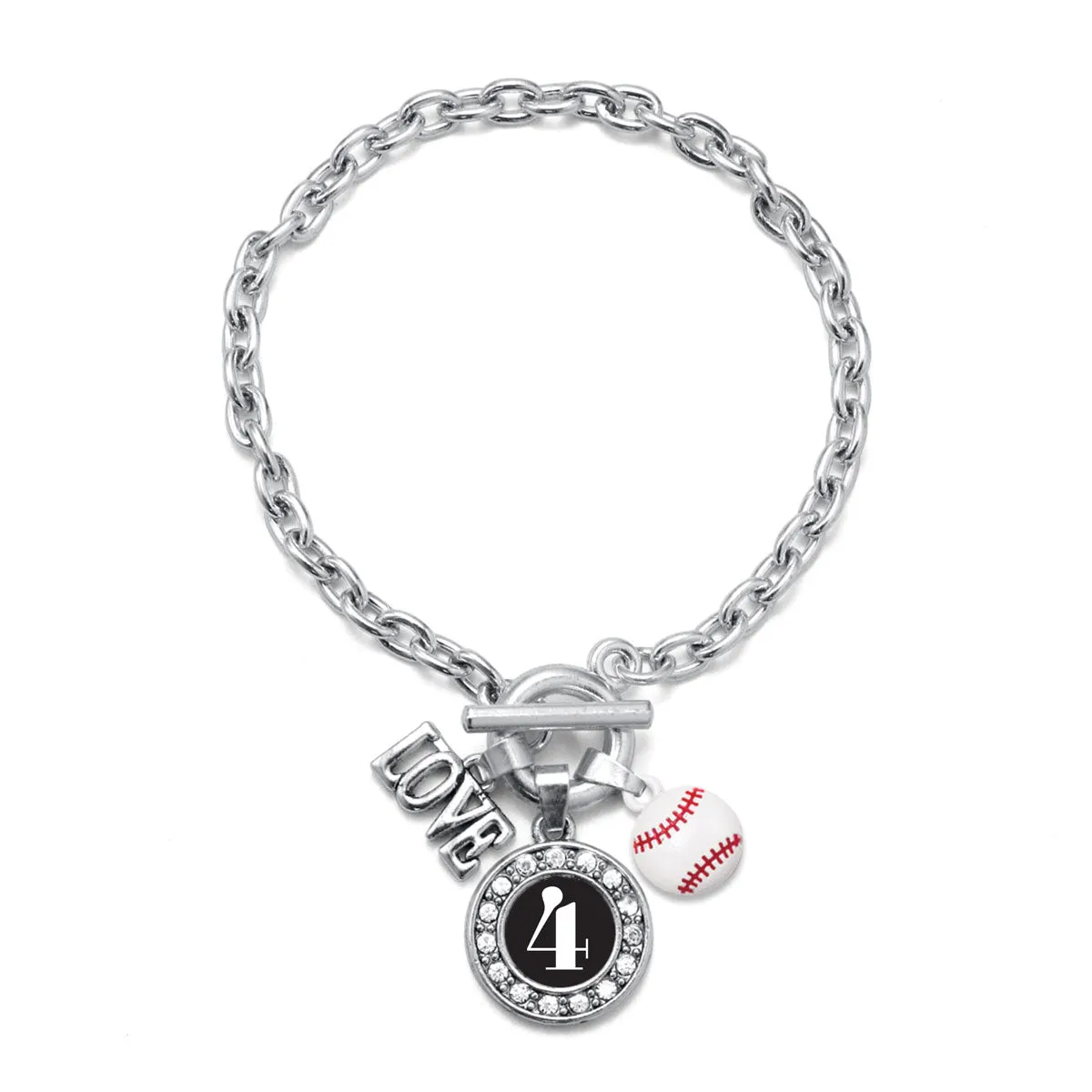 Silver Baseball - Sports Number 4 Circle Charm Toggle Bracelet