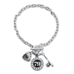 Silver Baseball/Softball - Sports Number 79 Circle Charm Toggle Bracelet
