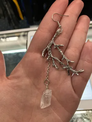 Silver Colored Branch Earring w/ Hanging Quartz