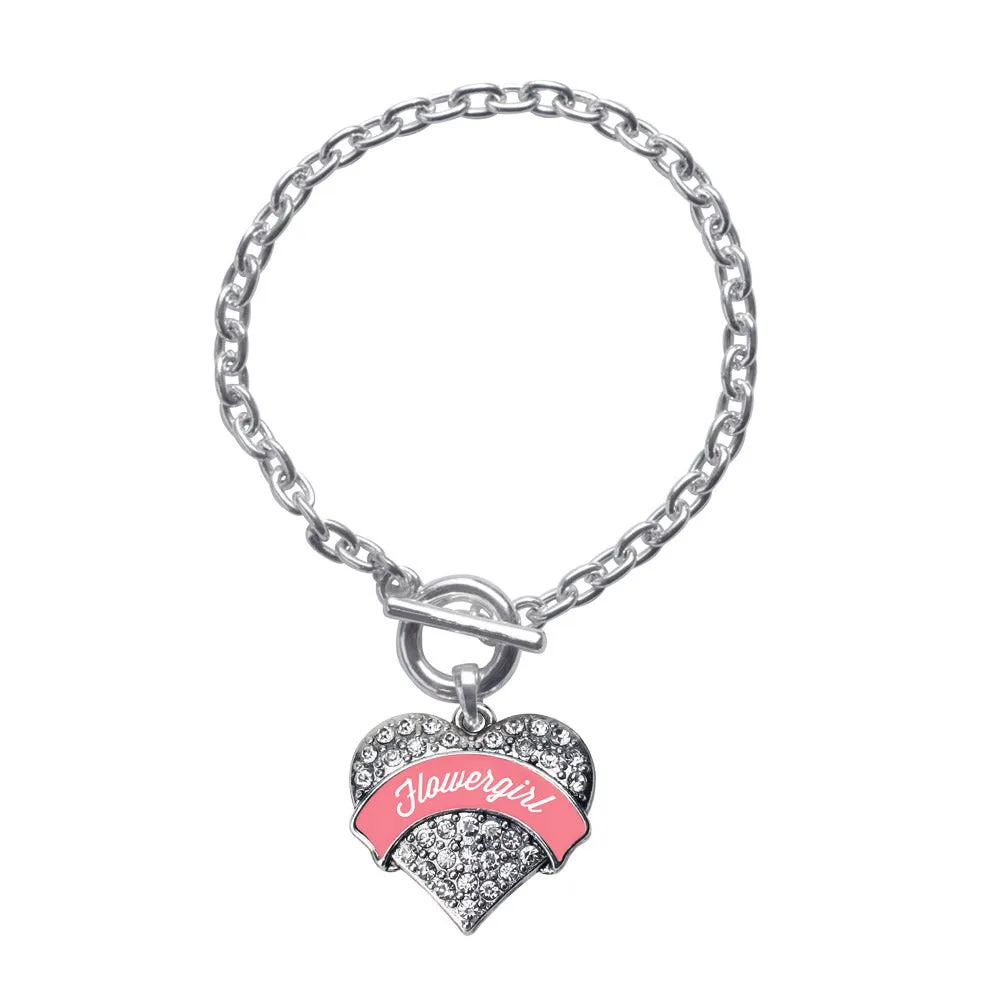 Silver Coral Flower Girl Pave Heart Charm Toggle Bracelet