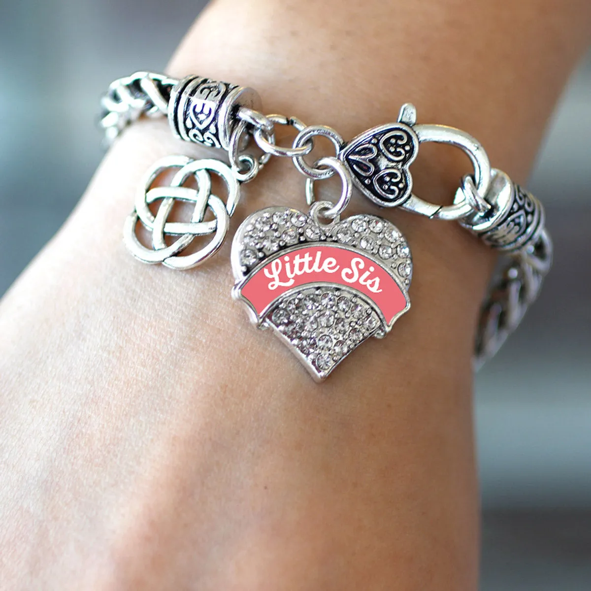 Silver Coral Little Sis Celtic Knot Pave Heart Charm Braided Bracelet