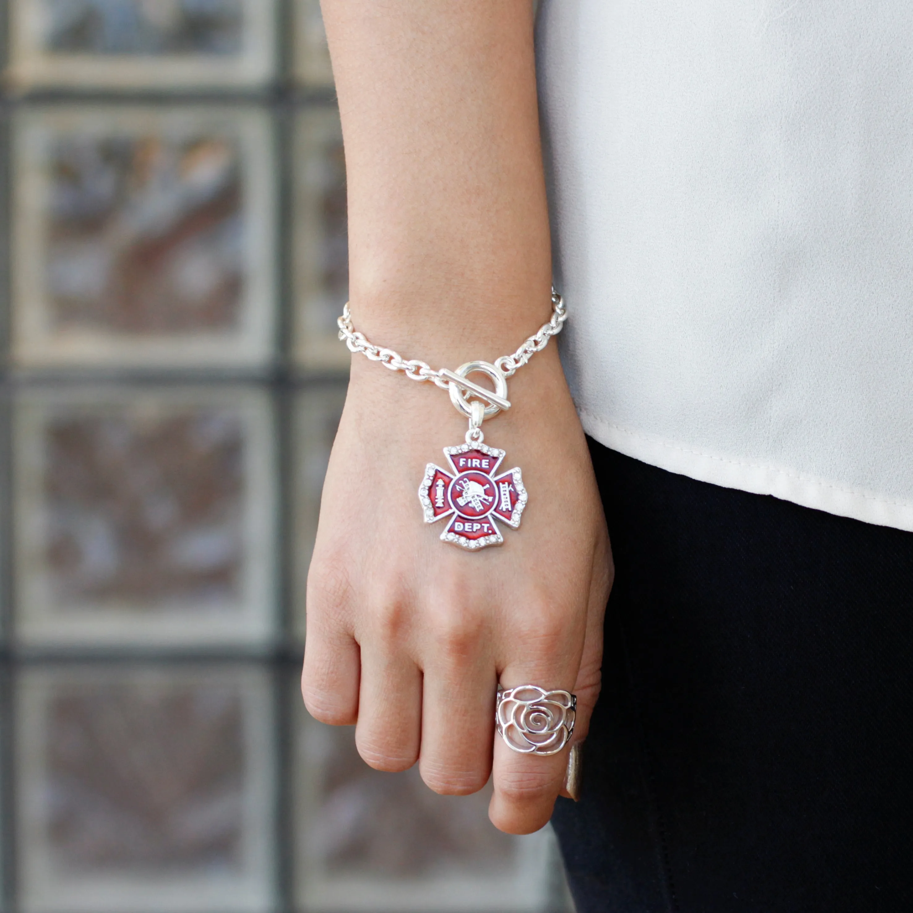 Silver Firefighter Badge Charm Toggle Bracelet