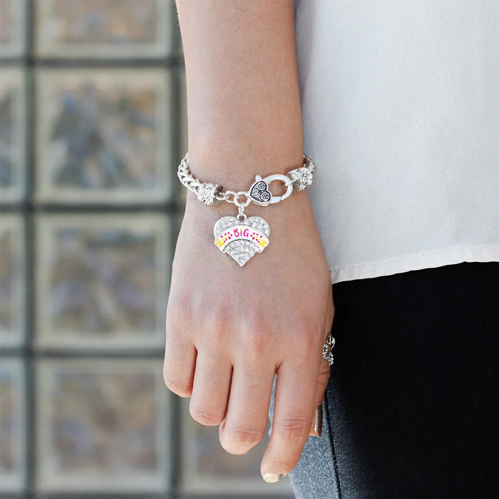 Silver Fuchsia and Yellow Big Pave Heart Charm Braided Bracelet