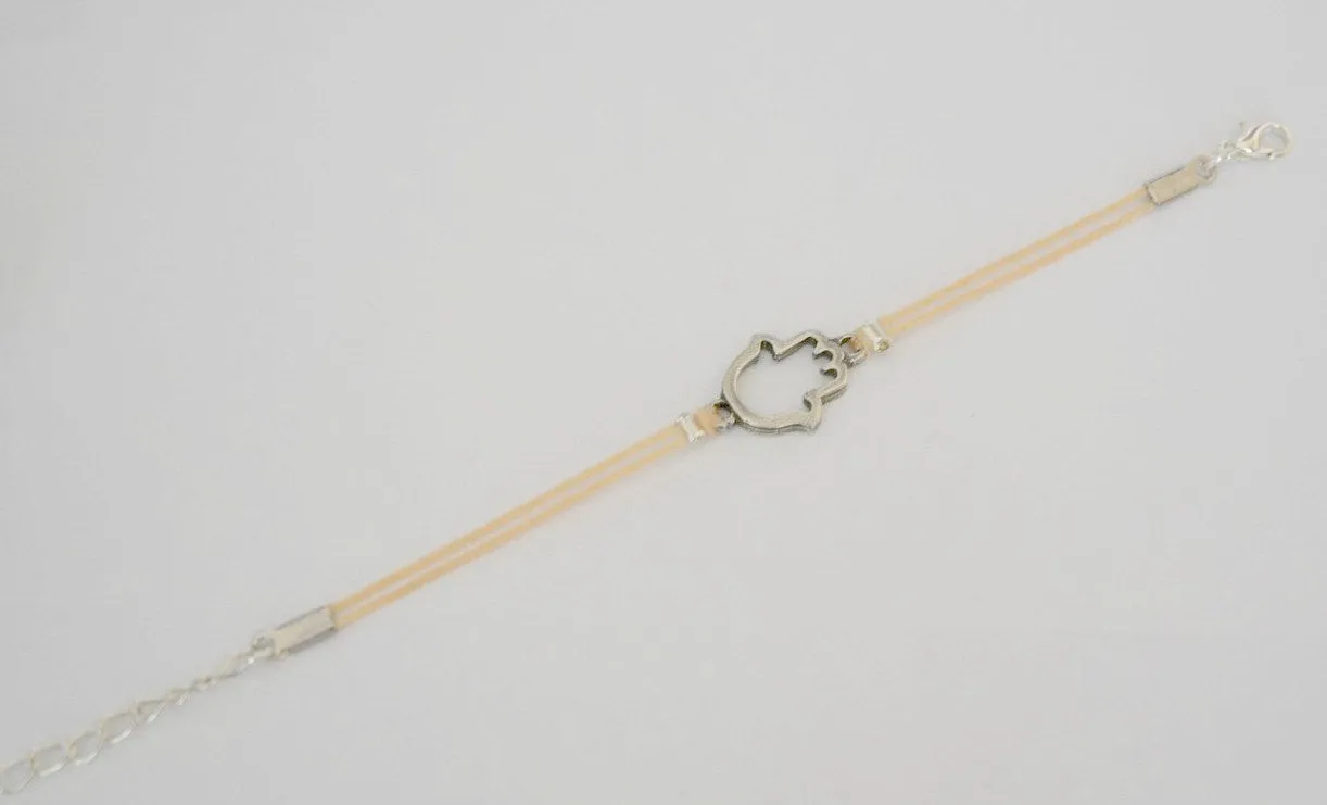 Silver Hamsa bracelet for women, beige cord, spiritual jewelry