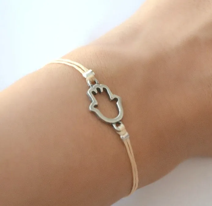 Silver Hamsa bracelet for women, beige cord, spiritual jewelry