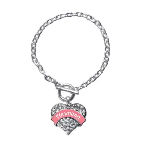 Silver Hermana - Coral Pave Heart Charm Toggle Bracelet