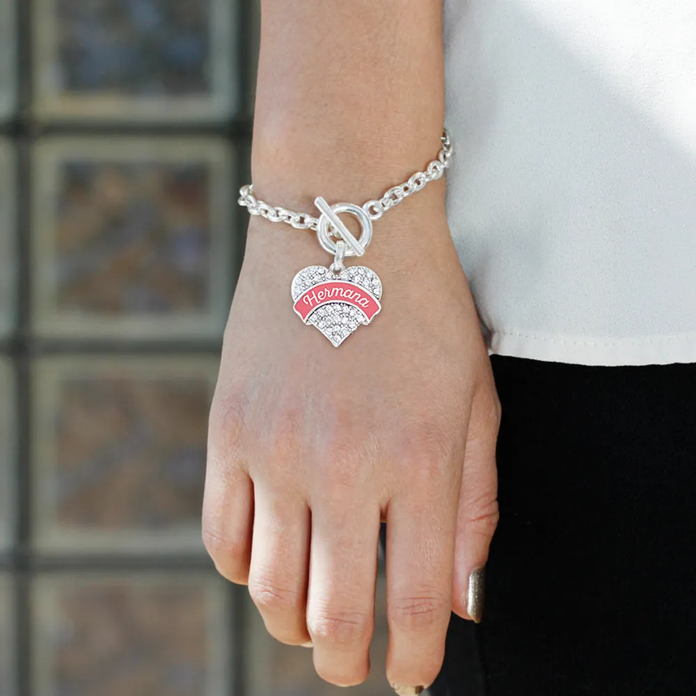 Silver Hermana - Coral Pave Heart Charm Toggle Bracelet
