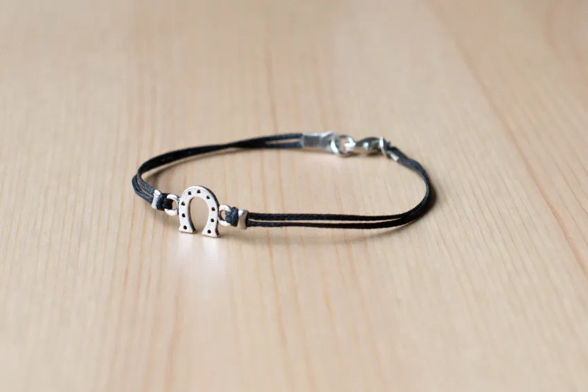 Silver Horseshoe bracelet for men, black cords