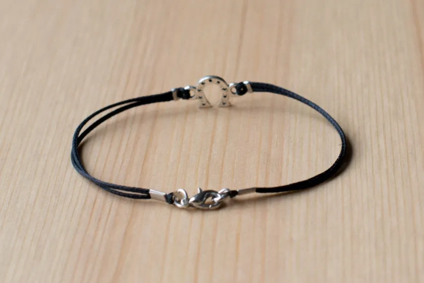 Silver Horseshoe bracelet for men, black cords