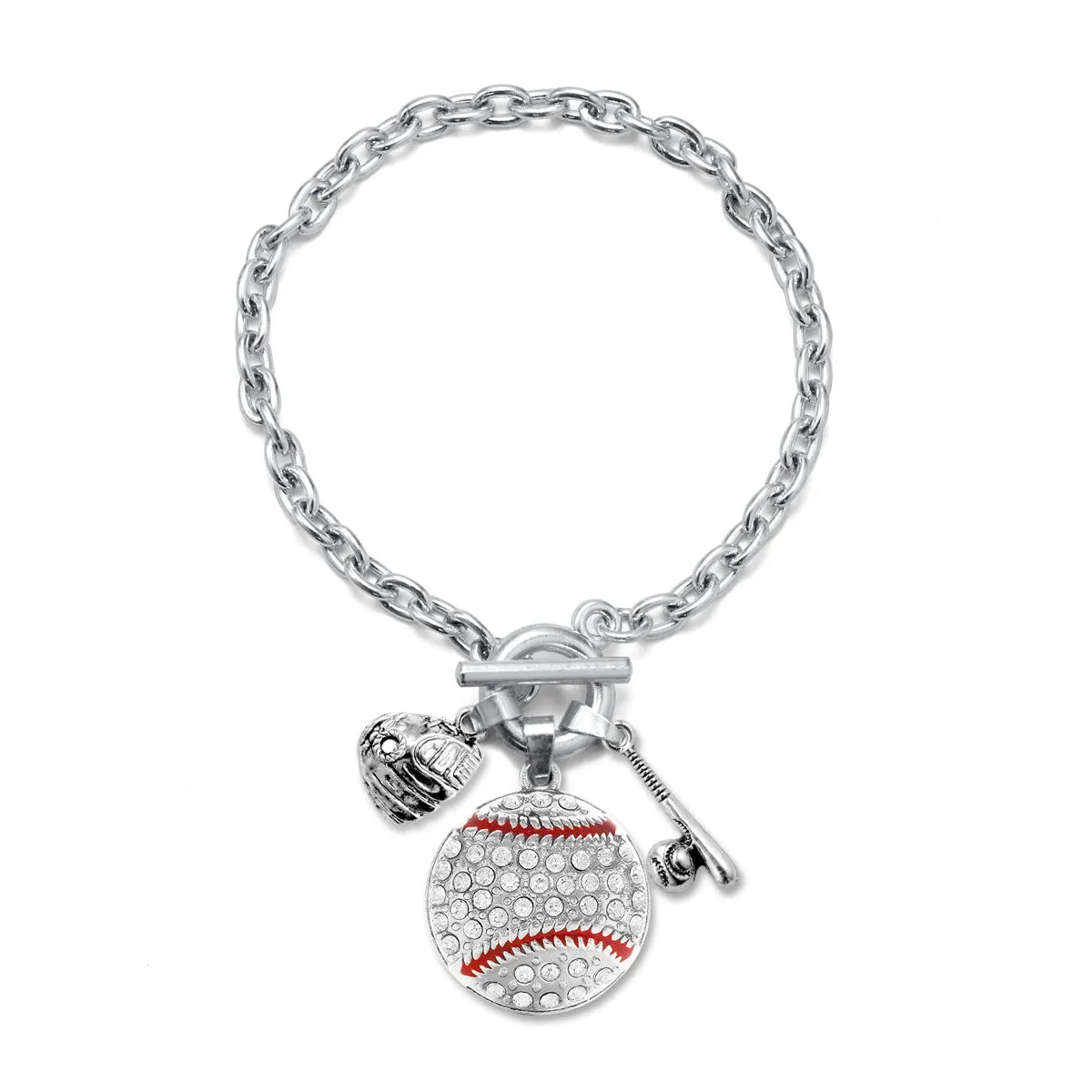 Silver Love Baseball Bat and Glove Charm Toggle Bracelet
