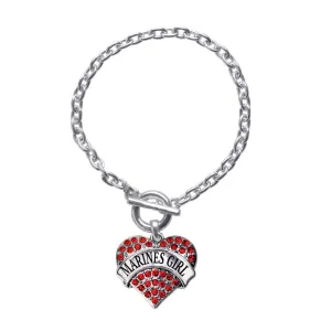 Silver Marines Girl Red Pave Heart Charm Toggle Bracelet