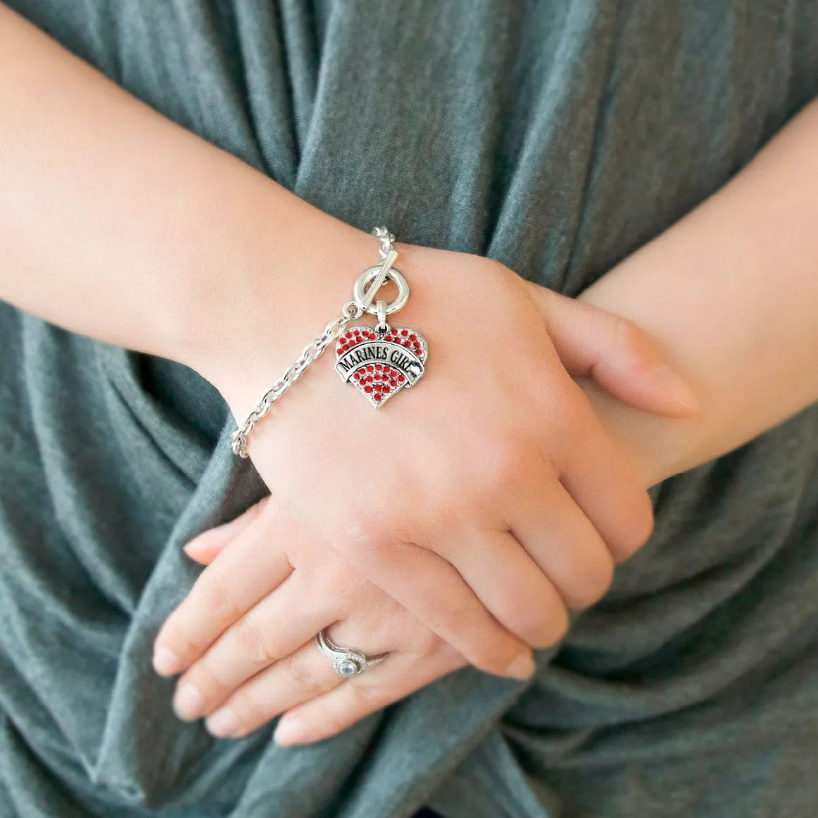 Silver Marines Girl Red Pave Heart Charm Toggle Bracelet