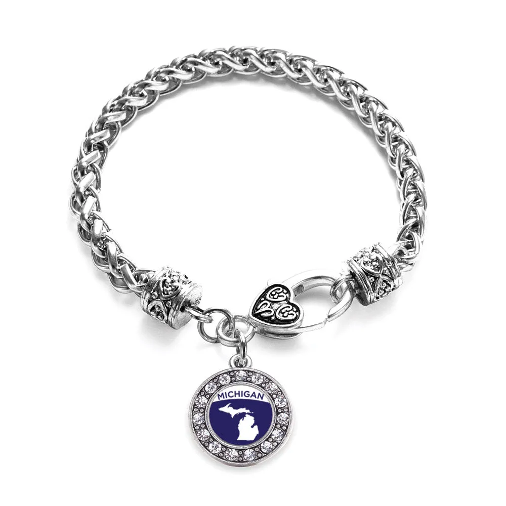 Silver Michigan Outline Circle Charm Braided Bracelet