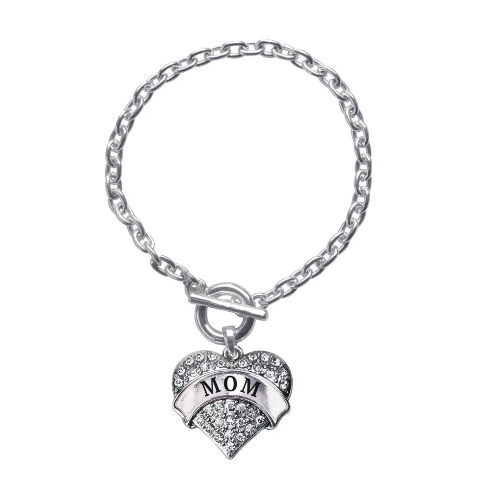 Silver Mom Pave Heart Charm Toggle Bracelet