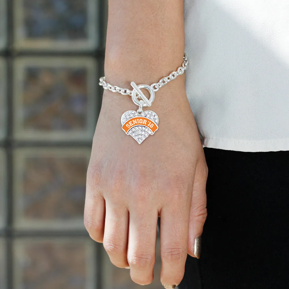 Silver Orange Senior 2018 Pave Heart Charm Toggle Bracelet