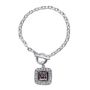 Silver Peace Love Twirl Square Charm Toggle Bracelet
