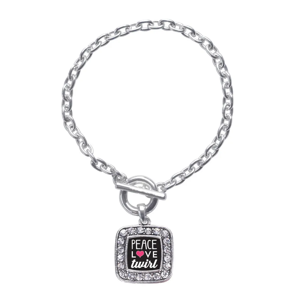 Silver Peace Love Twirl Square Charm Toggle Bracelet