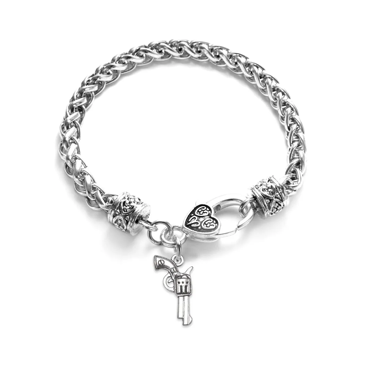 Silver Revolver Charm Braided Bracelet