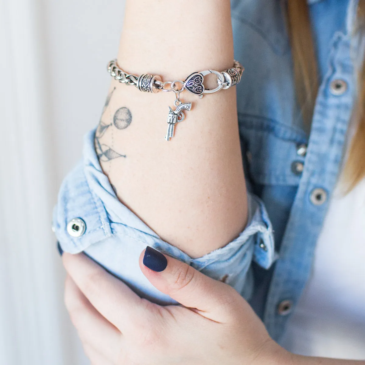 Silver Revolver Charm Braided Bracelet