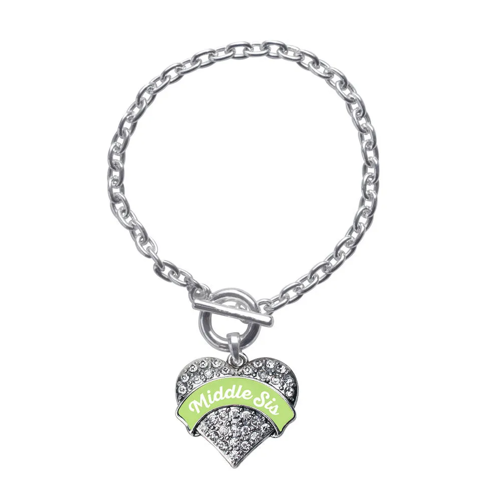 Silver Sage Green Middle Sister Pave Heart Charm Toggle Bracelet