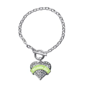Silver Sage Green Middle Sister Pave Heart Charm Toggle Bracelet