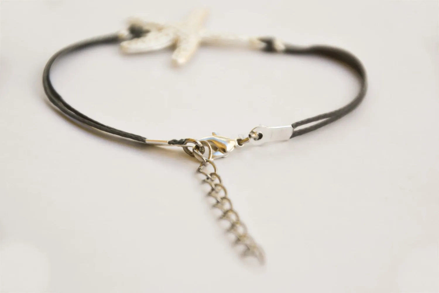 Silver starfish bracelet, gray cord, handmade gift for her