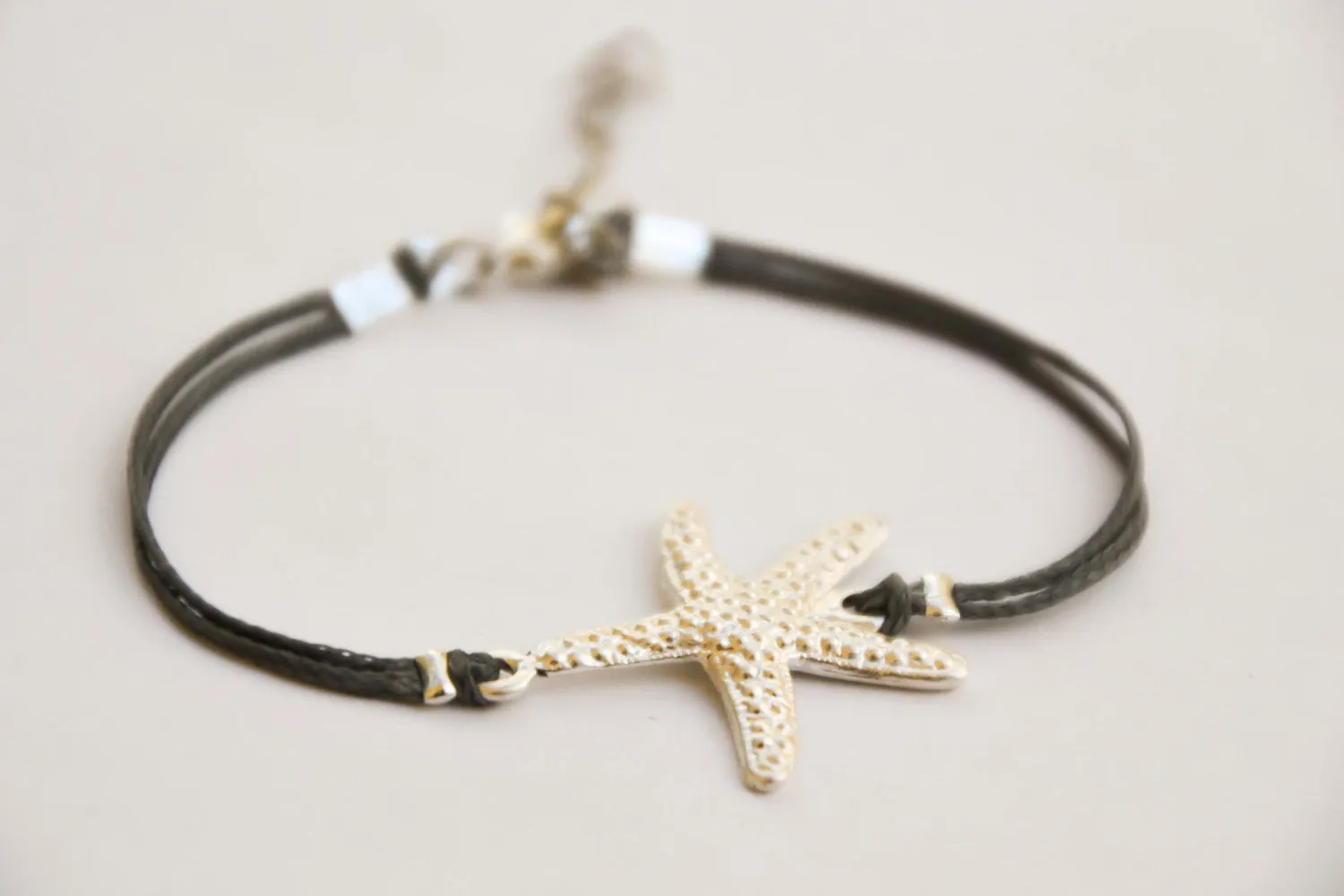 Silver starfish bracelet, gray cord, handmade gift for her
