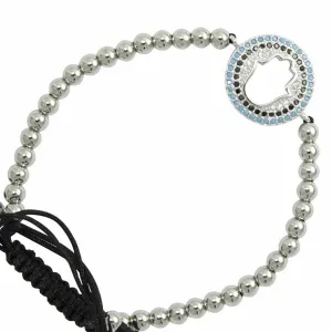 Silver-Tone Beaded CZ Hamsa Bracelet