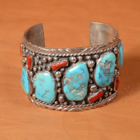 SOLD Elizabeth Guerro Sterling Silver Turquoise Coral Navajo, 111.1 Grams