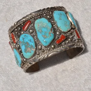 SOLD Elizabeth Guerro Sterling Silver Turquoise Coral Navajo, 111.1 Grams