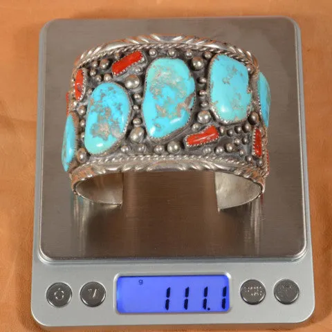 SOLD Elizabeth Guerro Sterling Silver Turquoise Coral Navajo, 111.1 Grams