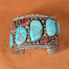 SOLD Elizabeth Guerro Sterling Silver Turquoise Coral Navajo, 111.1 Grams