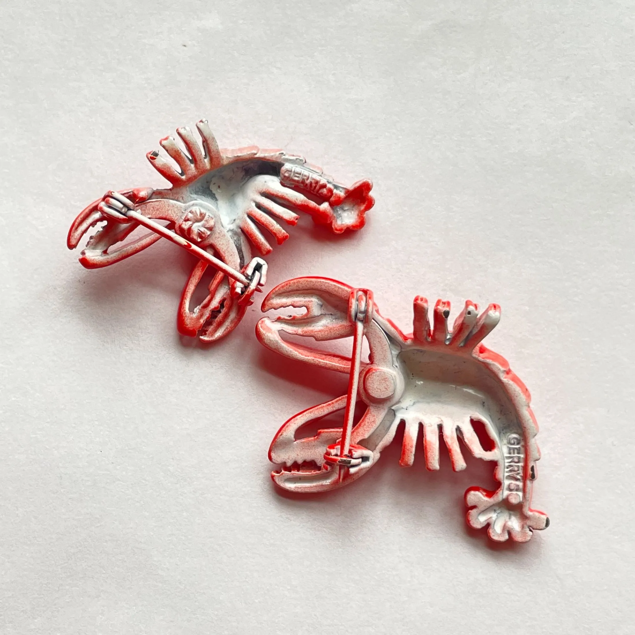 SOLD Vintage MCM Red Enamel Lobster Pins, Set of 2, Gerrys