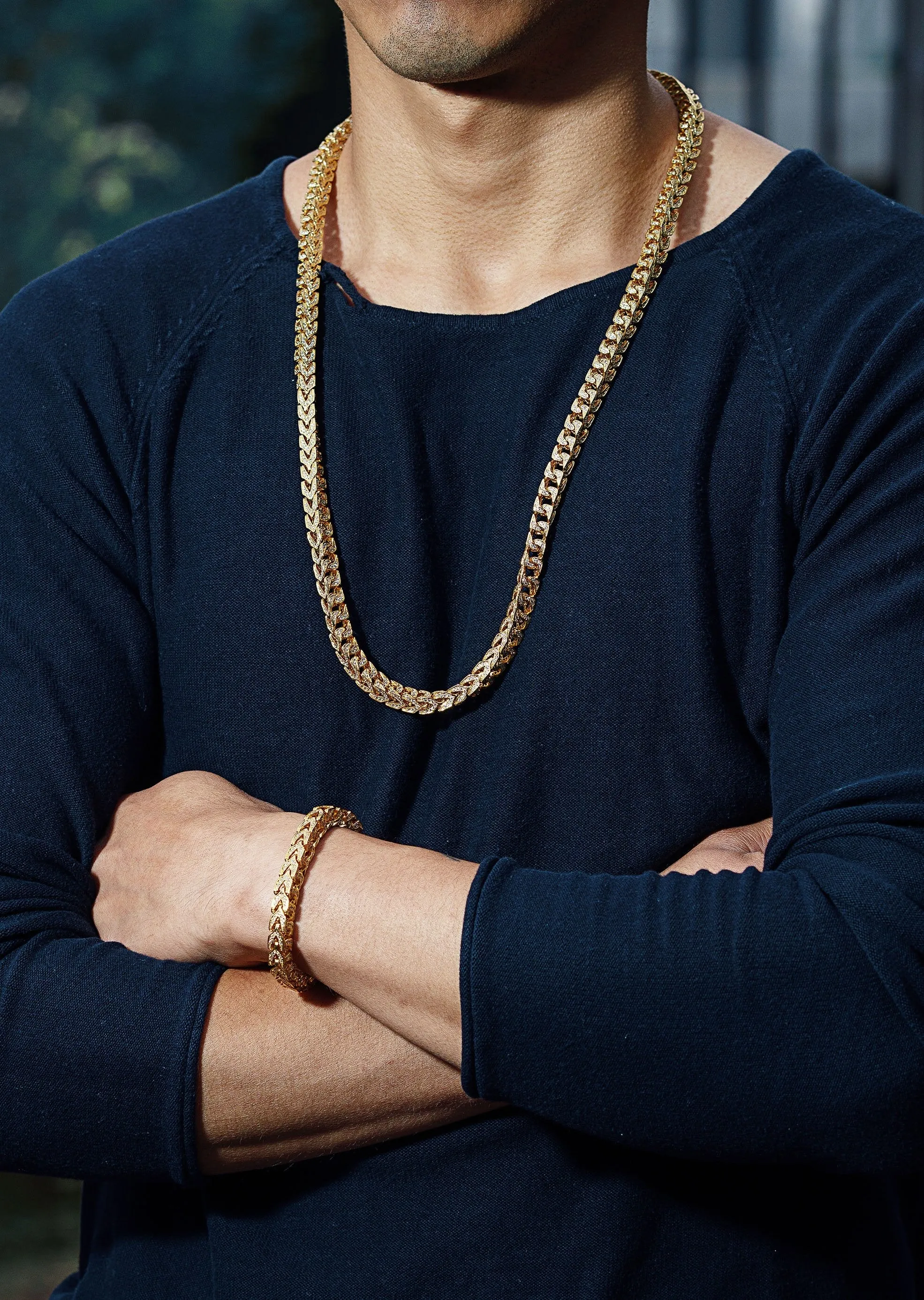 Solid Gold Plated Iced Out Franco Chain & Bracelet ( 8 Mm )