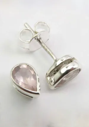 Solid Silver Rose Quartz Tear-Drop Stud Earrings