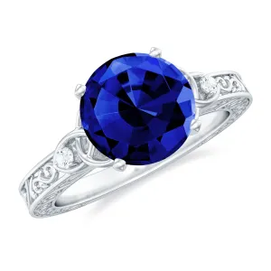 Solitaire Created Blue Sapphire Celtic Knot Engagement Ring with Diamond