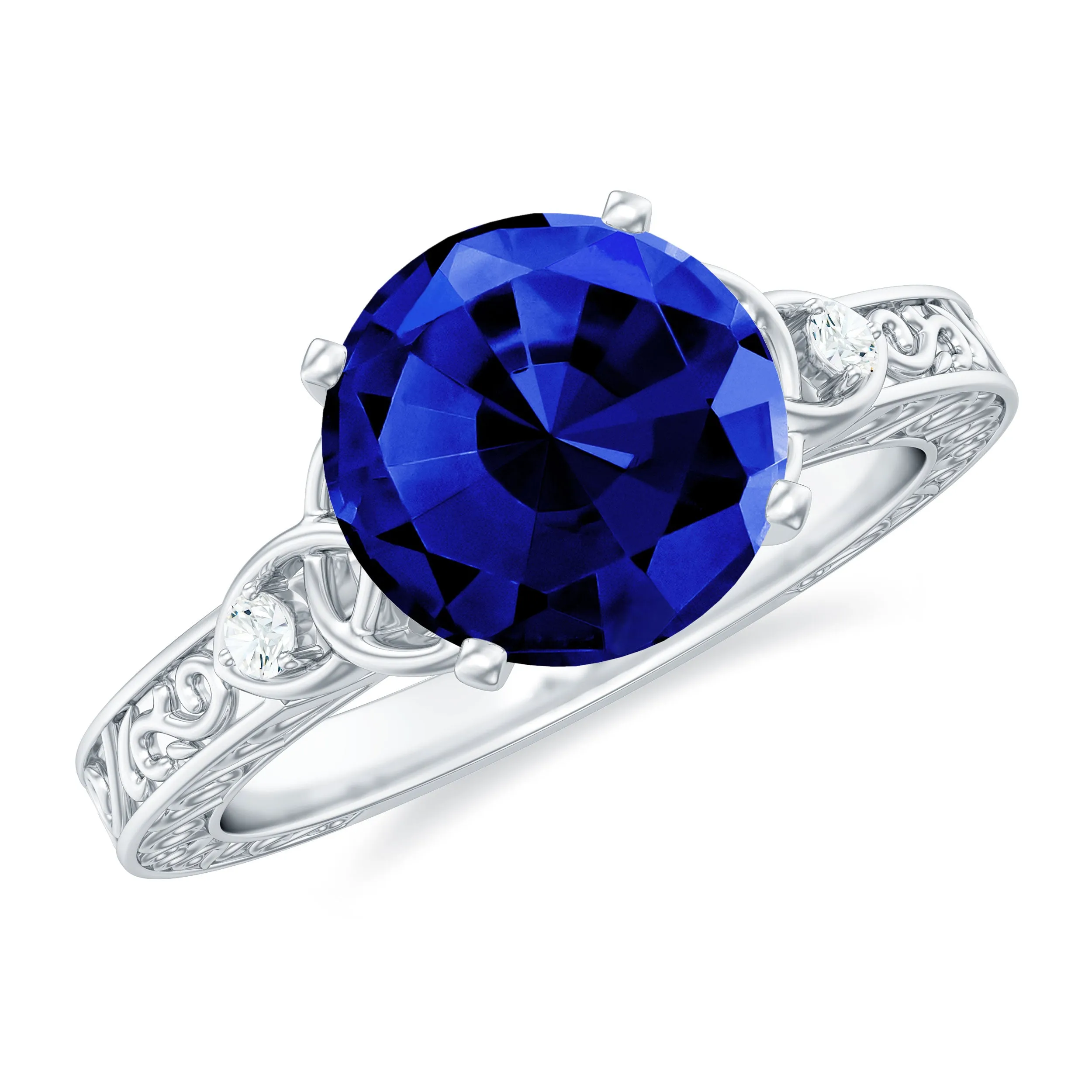 Solitaire Created Blue Sapphire Celtic Knot Engagement Ring with Diamond