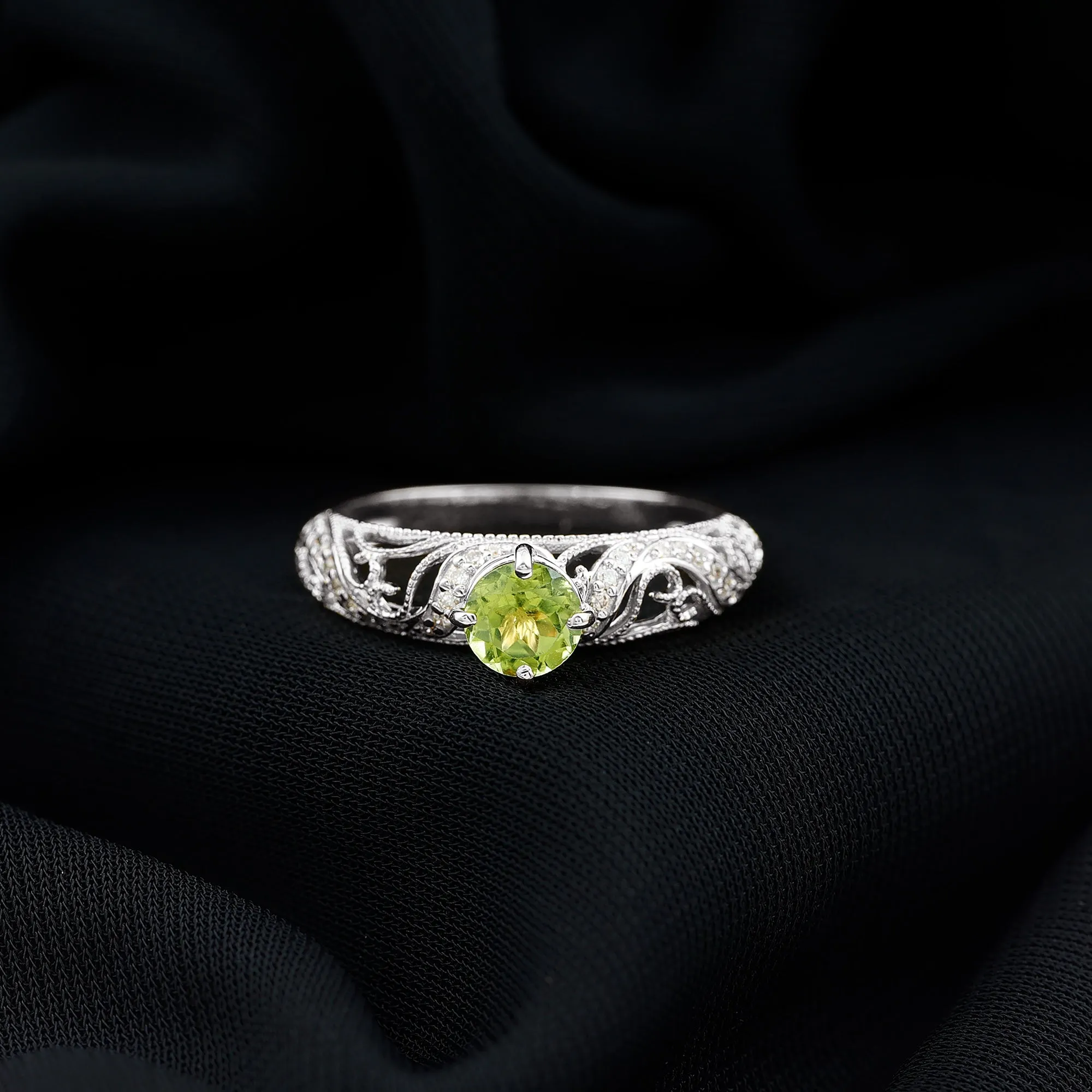 Solitaire Peridot Vintage Inspired Engagement Ring with Diamond