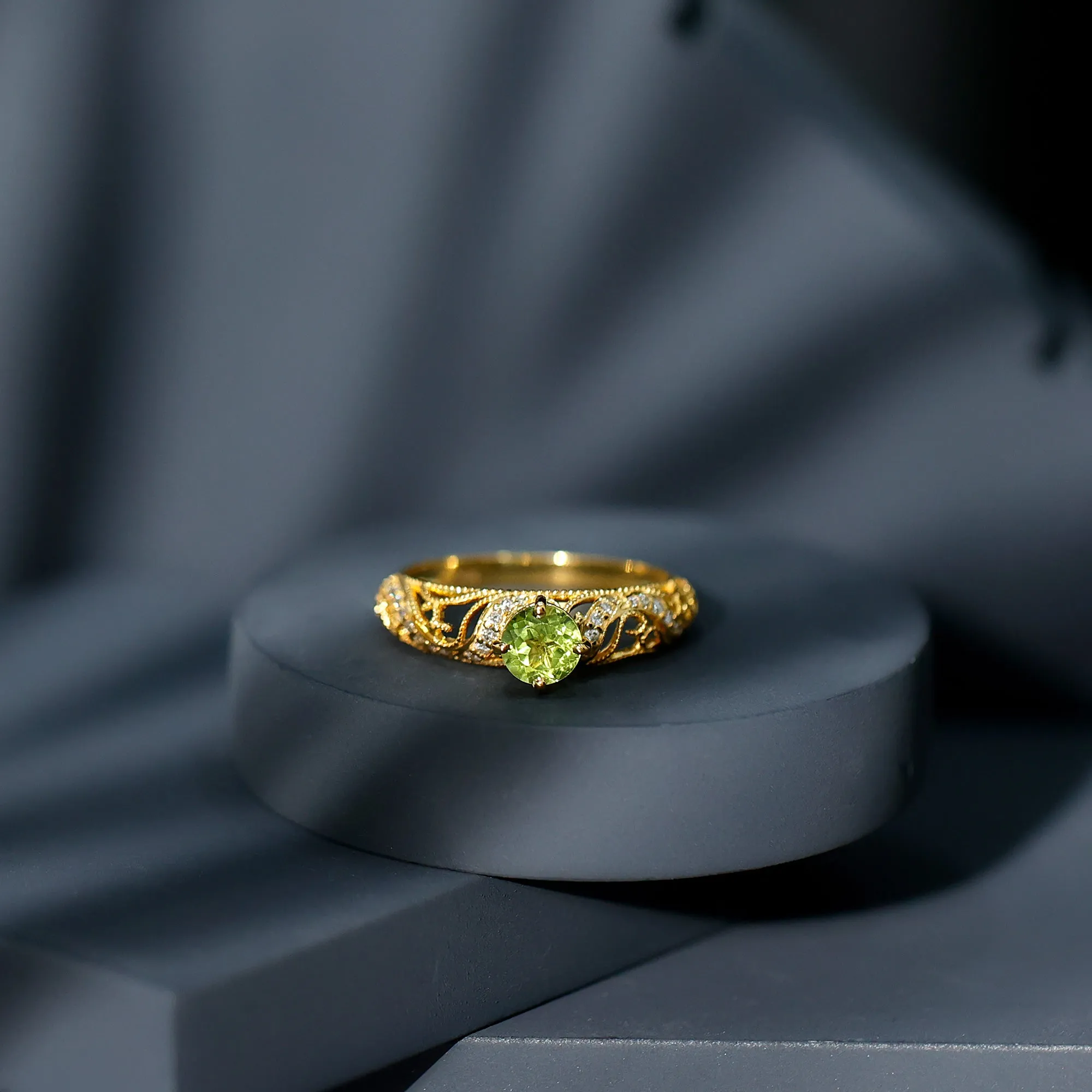 Solitaire Peridot Vintage Inspired Engagement Ring with Diamond