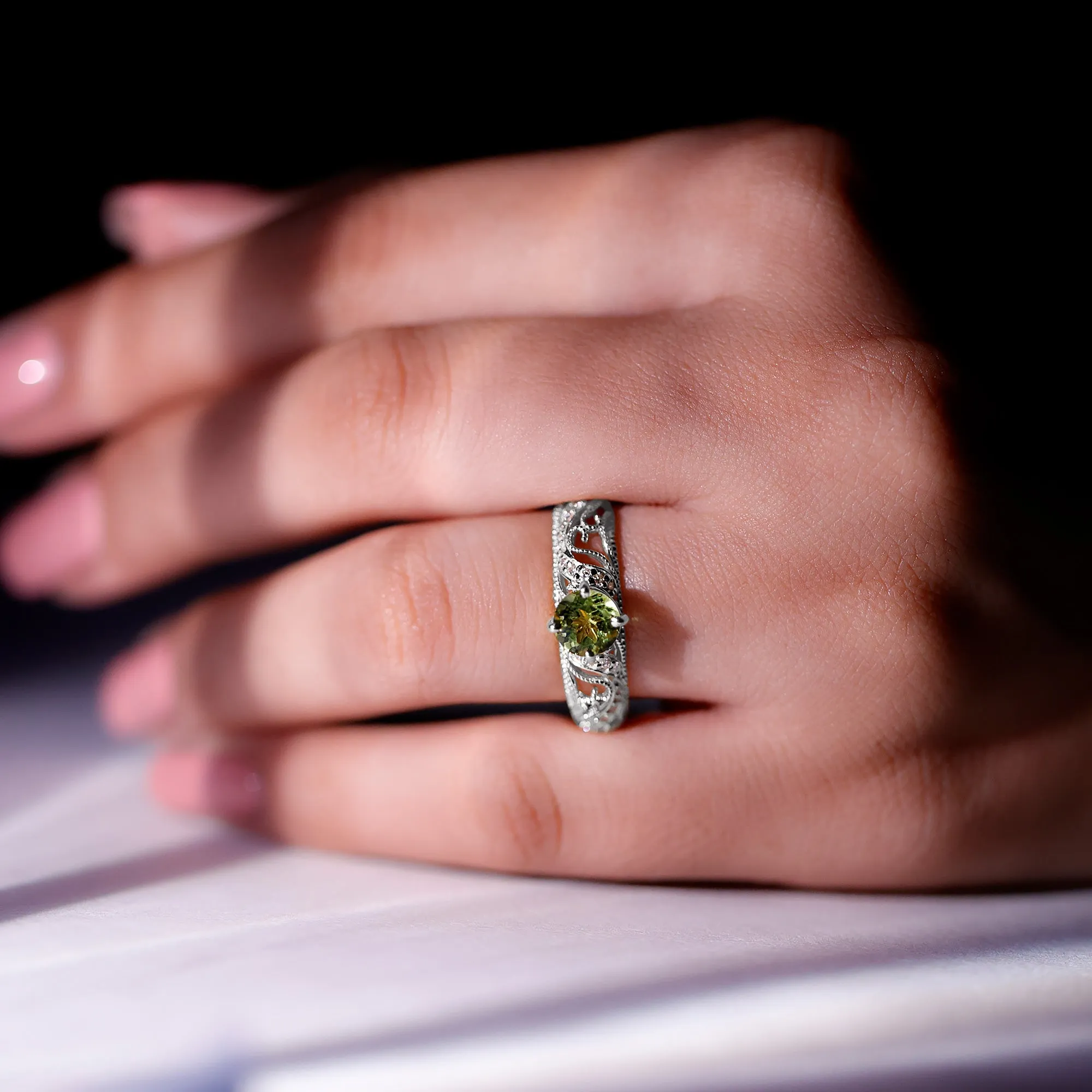 Solitaire Peridot Vintage Inspired Engagement Ring with Diamond