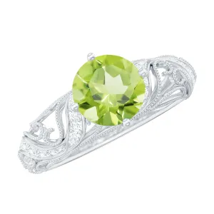 Solitaire Peridot Vintage Inspired Engagement Ring with Diamond