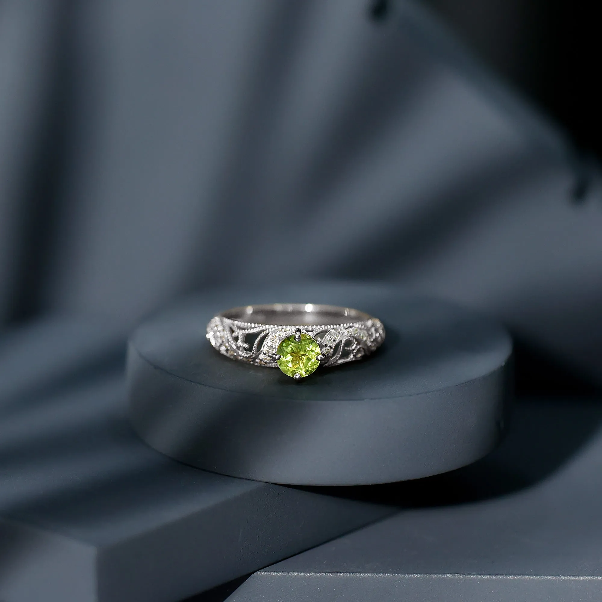 Solitaire Peridot Vintage Inspired Engagement Ring with Diamond