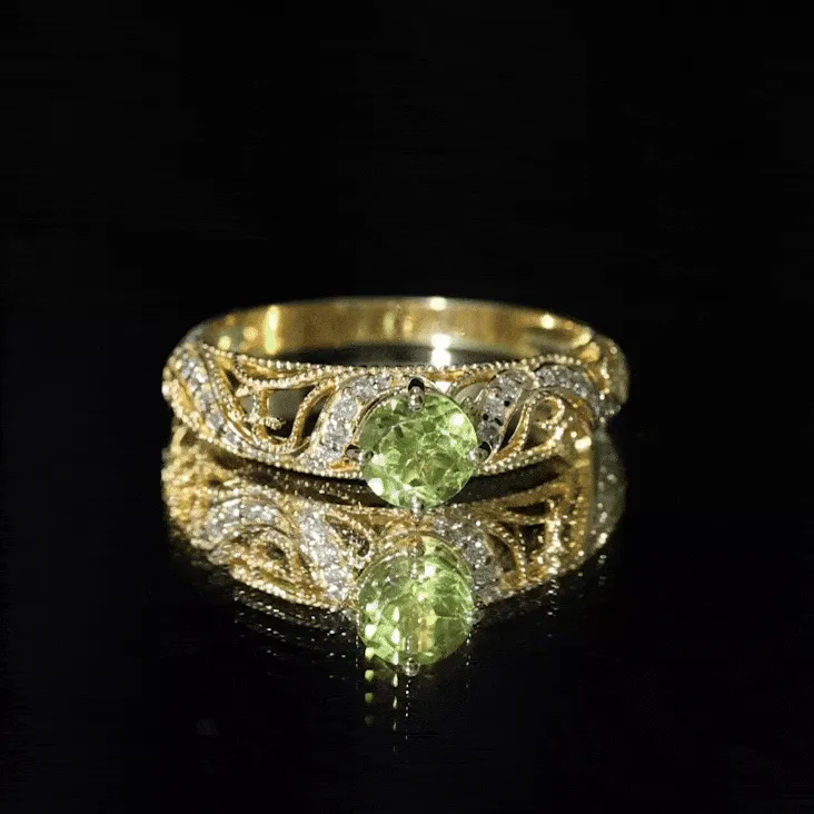 Solitaire Peridot Vintage Inspired Engagement Ring with Diamond