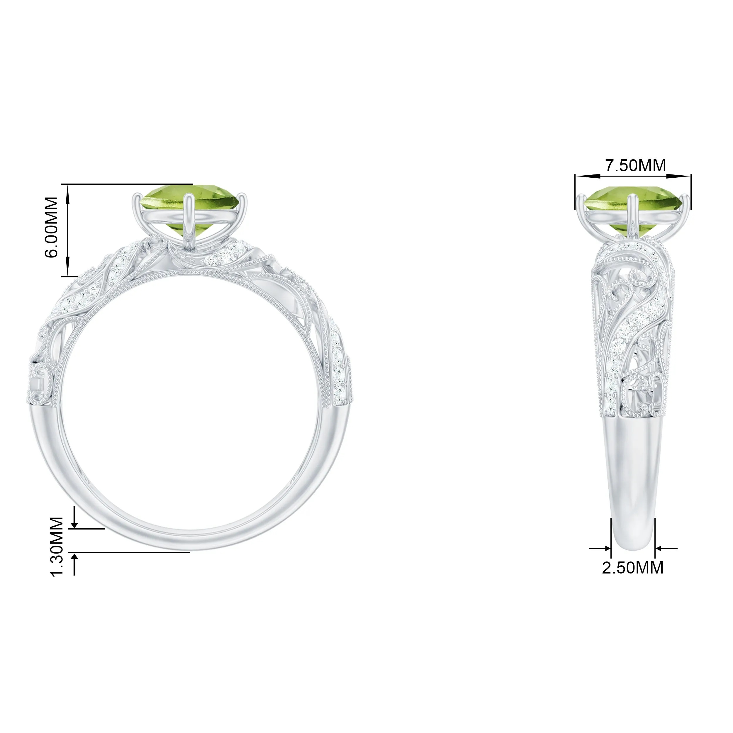 Solitaire Peridot Vintage Inspired Engagement Ring with Diamond