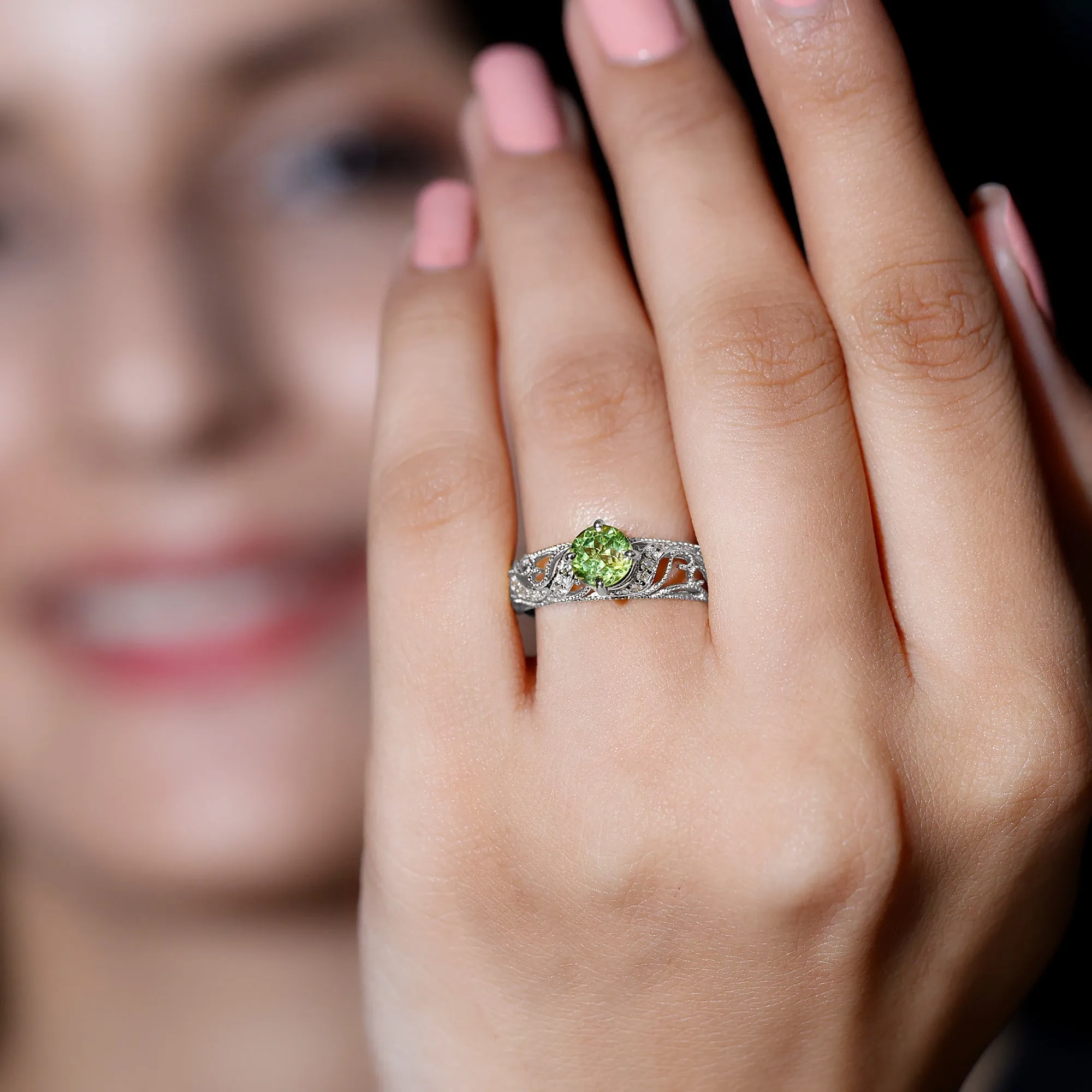 Solitaire Peridot Vintage Inspired Engagement Ring with Diamond