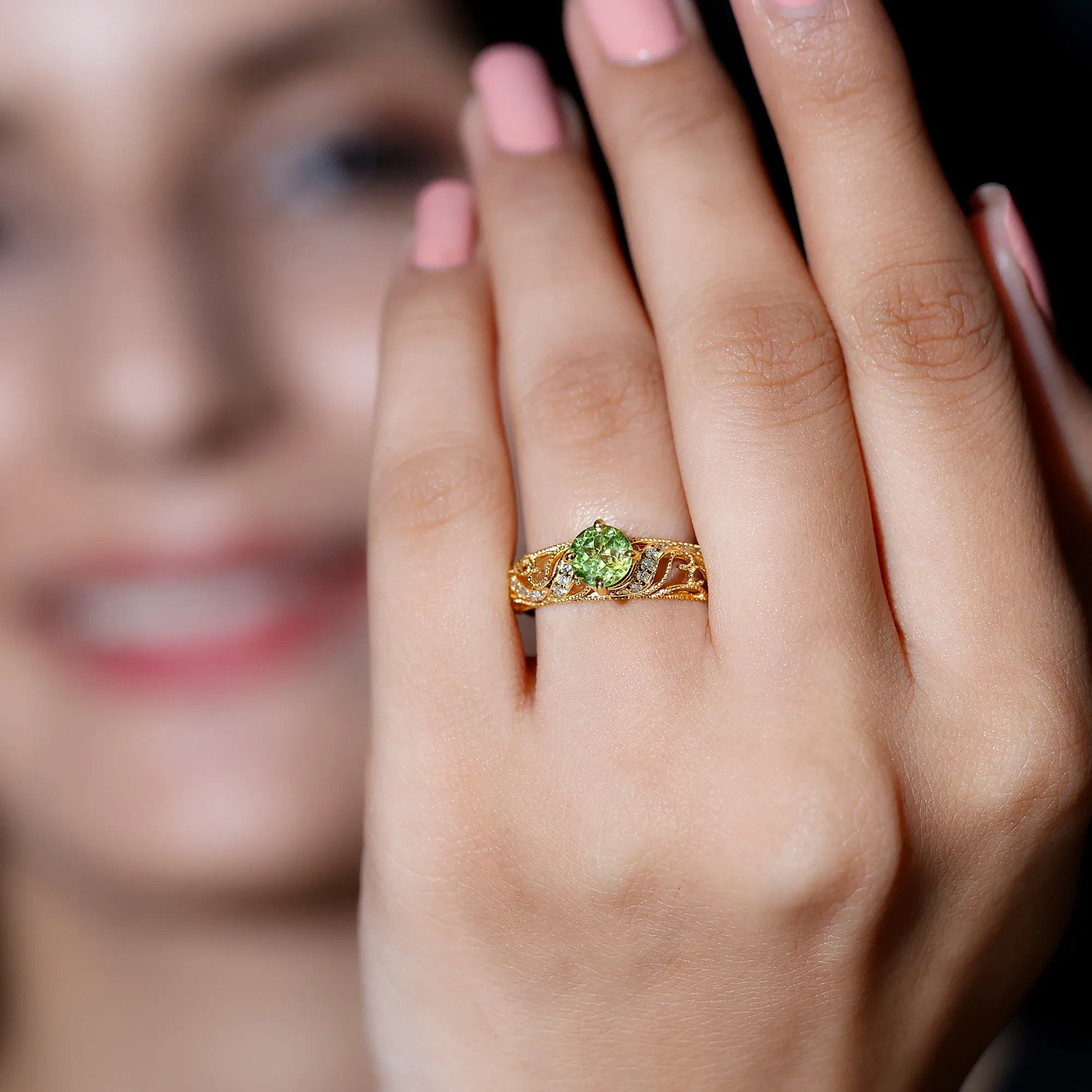 Solitaire Peridot Vintage Inspired Engagement Ring with Diamond