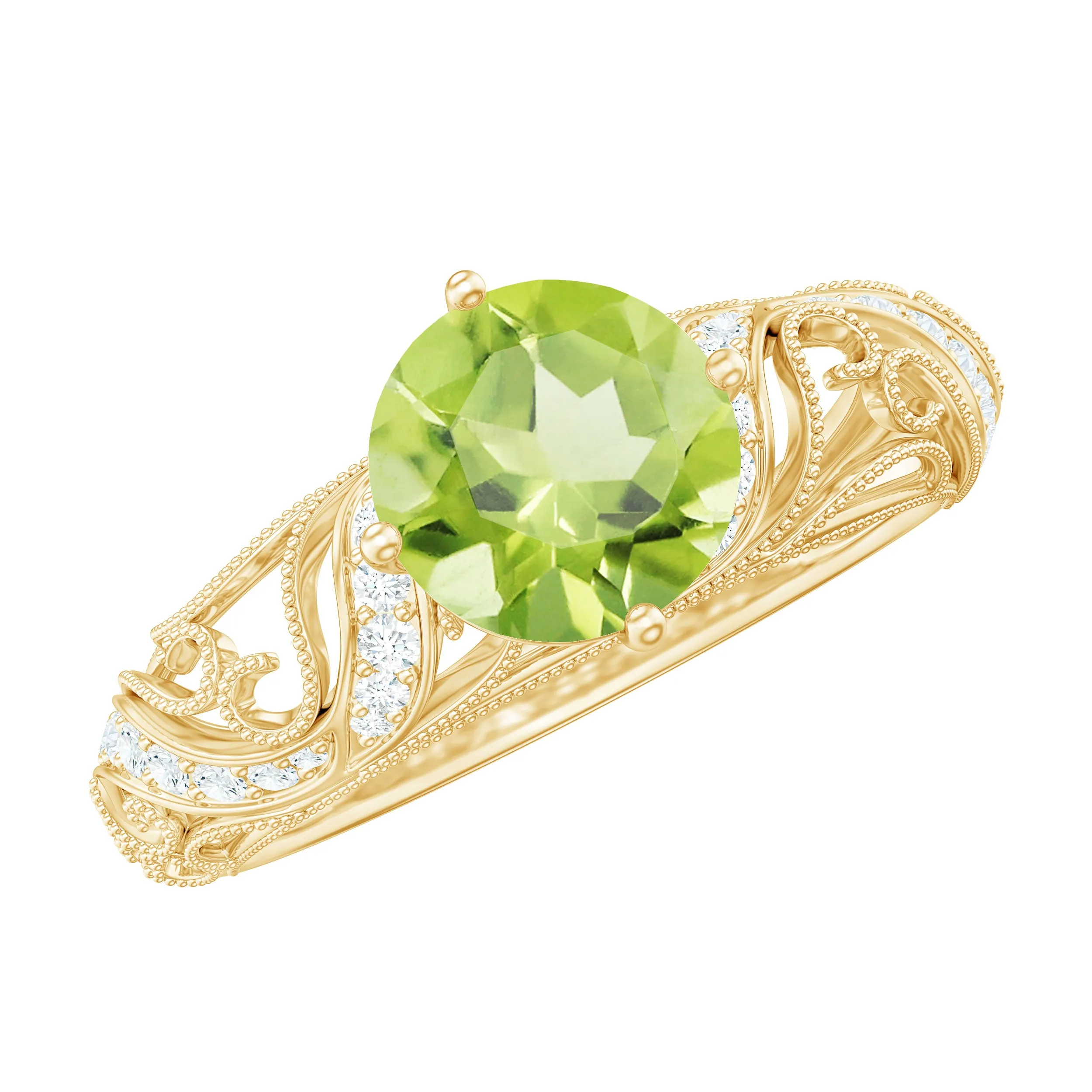 Solitaire Peridot Vintage Inspired Engagement Ring with Diamond