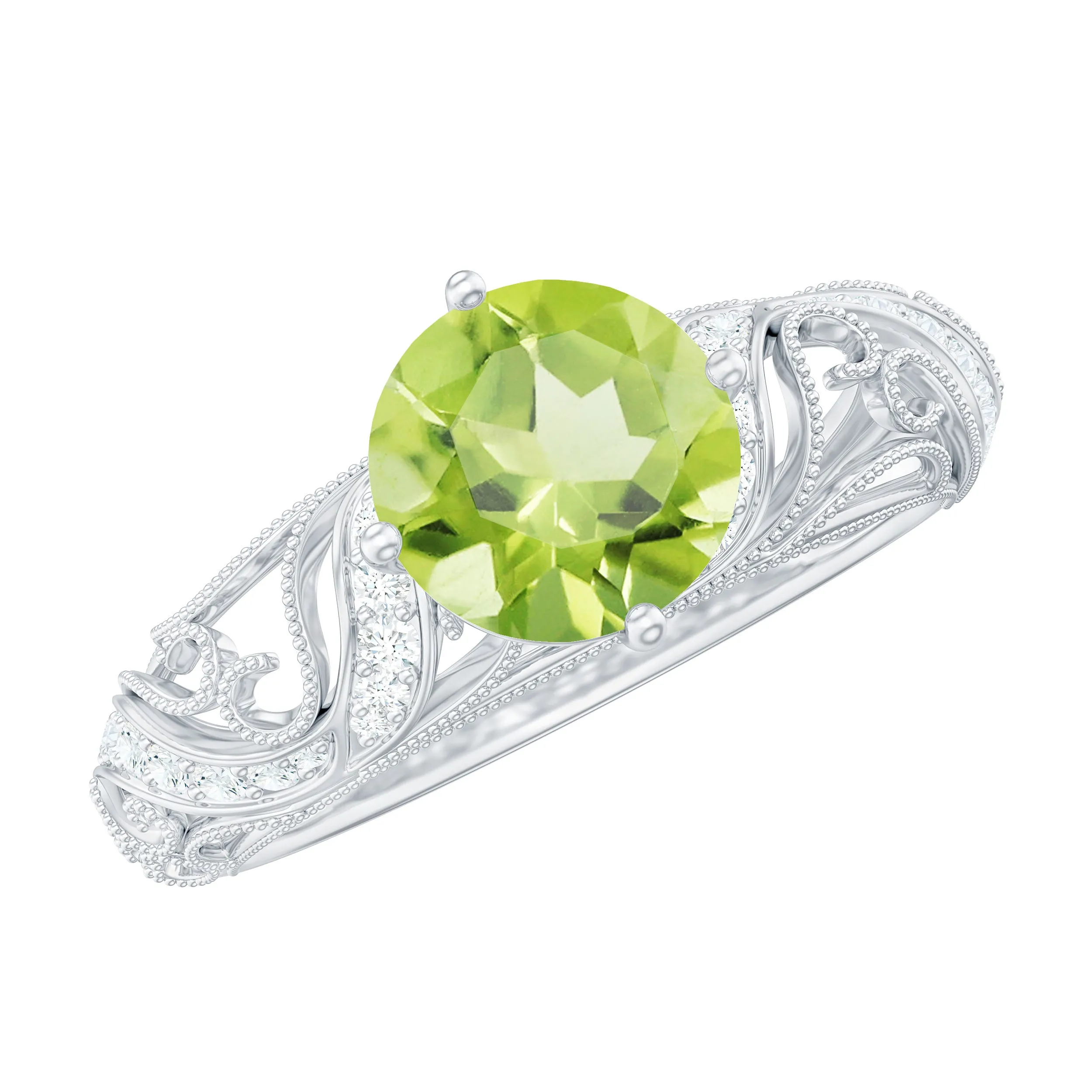 Solitaire Peridot Vintage Inspired Engagement Ring with Diamond
