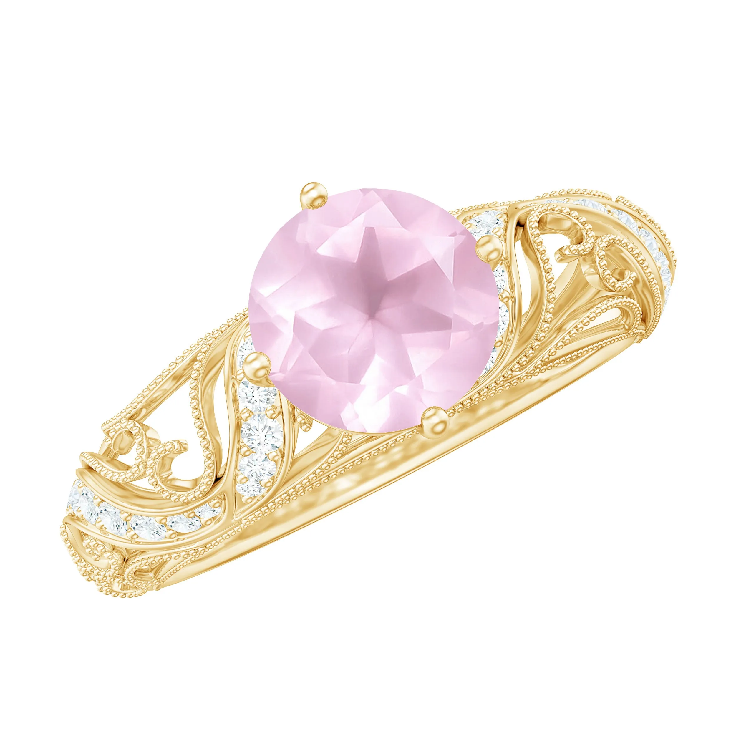Solitaire Rose Quartz Vintage Inspired Engagement Ring with Diamond